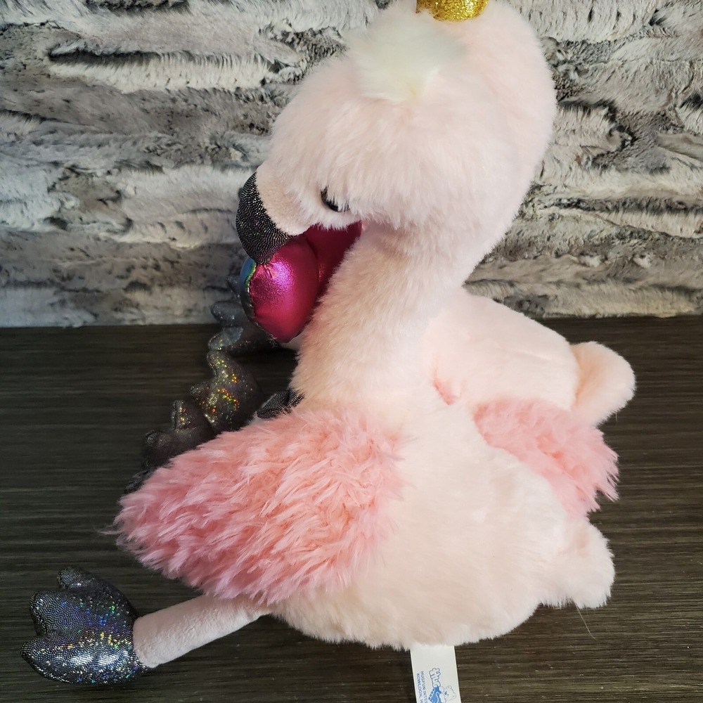 Valentine's Day Boy & Girl Flamingo Plush Stuffed Animal Holding Metallic Heart - Picture 2 of 8
